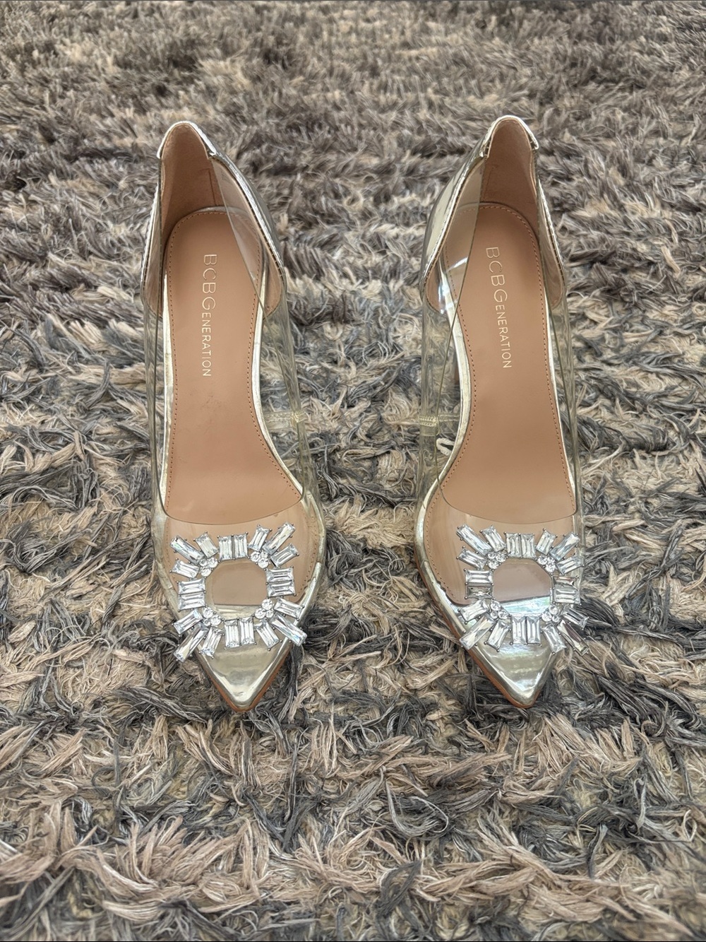 BCBGeneration Clear Silver Pointed-Toe Crystal Slingback Heels Size 6